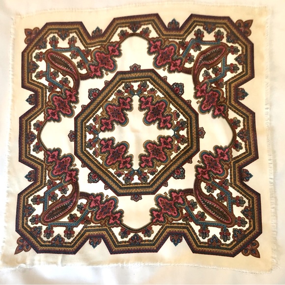 Accessories - 80’s Vintage Scarf with Fringe + Cream/Red/Gold/Teal